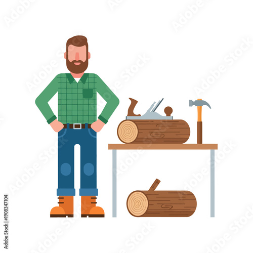 A carpenter stands next to his workplace, vector illustration design