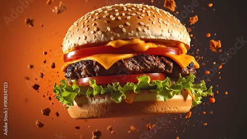Juicy Cheeseburger With Fresh Lettuce Tomato And Cheese Hovering In Midair.