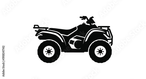 A stark black silhouette depicts a four wheeled all terrain vehicle commonly known as an atv in profile high quality
