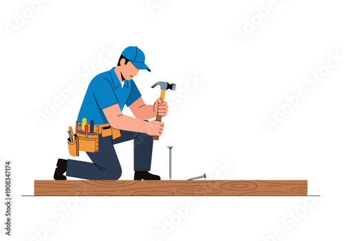 A carpenter is working on nailing wood, vector illustration design