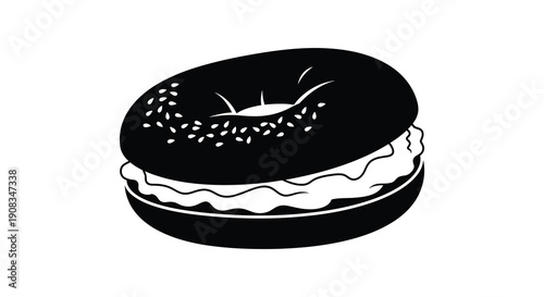 A simple black and white illustration depicts a bagel sandwich with cream cheese showcasing a classic breakfast food