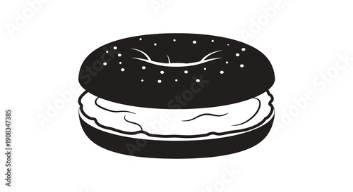 A simple black and white illustration depicts a bagel with cream cheese presented as a graphic high quality professional detailed