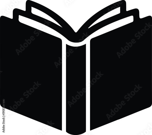 Open Book Icon Minimal Black Silhouette, Simple black silhouette of an open book icon, representing reading, education, knowledge, and digital library or learning platform concepts.

