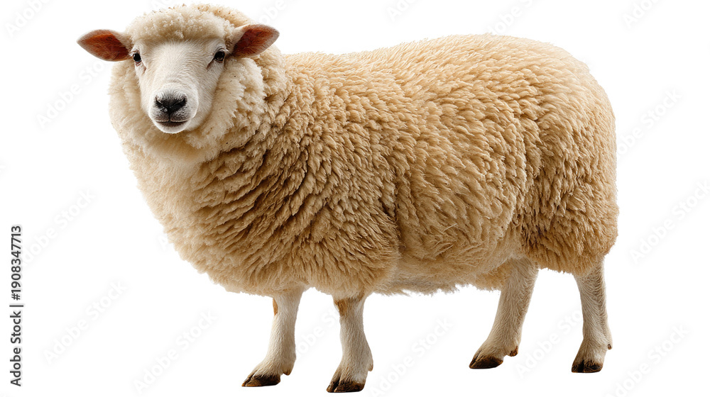 Fototapeta premium Golden Fleece's Gentle Gaze: A close-up portrait of a fluffy sheep, its creamy wool catching the light, stands calmly, its eyes open and showing trust and gentleness.