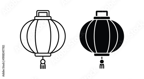 A minimalist depiction showcases two traditional chinese lanterns one outlined and one solid black side by side high quality professional