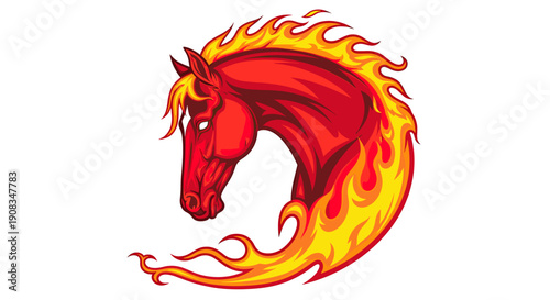 Fiery Horse Head Silhouette with Flaming Mane and Tail Isolated on White