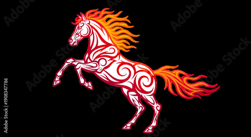 Fiery white horse with red tribal patterns rearing up against black background