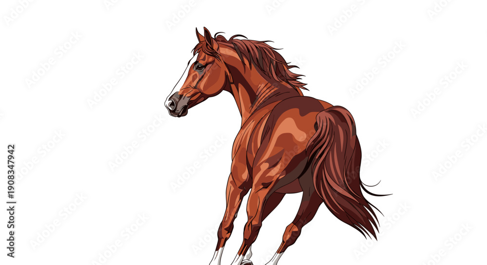 Obraz premium Brown Horse Galloping Across a White Background with a Flowing Mane and Tail