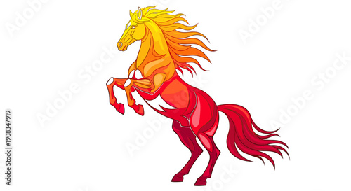 Fiery Horse Rearing Up in a Dynamic Display of Red Orange and Yellow Hues Against a White