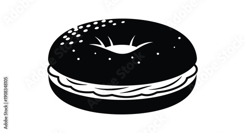 A minimalist black and white illustration depicts a single hamburger with sesame seeds on the bun high quality professional detailed