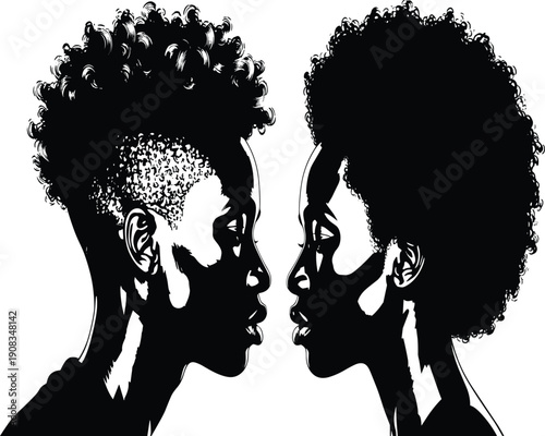 Two beautiful African American women profile silhouettes with natural curly afro hairstyles facing each other in minimalist black and white.