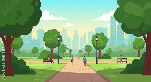 cartoon city park with trees walking paths soft green colors simple shapes calm atmosphere clean background wide view