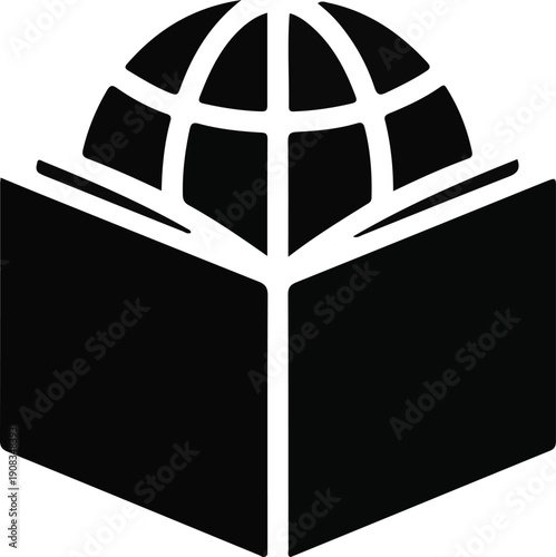 Open Book with Globe Education Icon, Black and white icon of an open book with a globe above it, symbolizing global education, world knowledge, and international learning.

