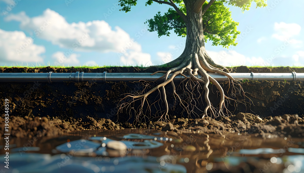 Obraz premium Tree Roots Absorbing Water Underground in Natural Environment