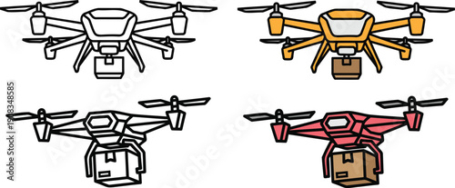 Vibrant drone illustrations in various colors and line styles for commercial use
