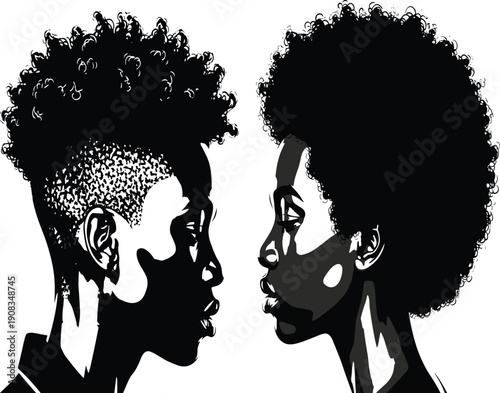 Two beautiful African American women profile silhouettes with natural curly afro hairstyles facing each other in minimalist black and white.