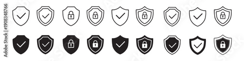Cyber Security Shield Icon Set with Protection and Data Safety Symbols Vector
