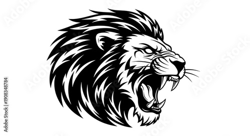 Ferocious Lion Head Roaring Black and White Graphic Illustration