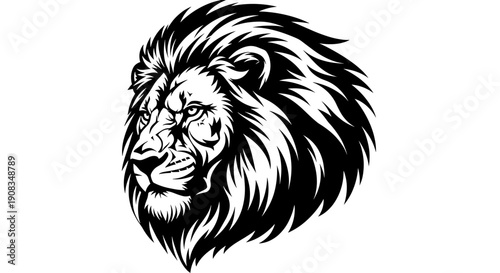 Majestic Lion Head Profile Black and White Illustration Isolated on White Background