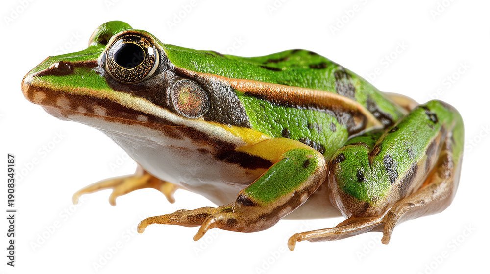 Obraz premium Vibrant Frog Portrait: A captivating close-up of a green frog, showcasing its detailed skin, prominent eyes, and the unique beauty of amphibian life.