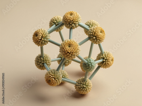 Sculptural structure made of floral elements and pastel-colored sticks on a soft beige background