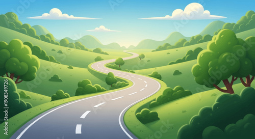 cartoon road through nature soft lighting green surroundings simple shapes calm travel mood clean composition wide view