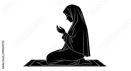 Muslim Woman in Black Hijab Praying on Prayer Rug White Background