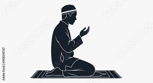 Man kneeling on prayer mat praying in Islamic tradition silhouette with white background