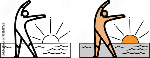 People practicing yoga at sunrise over water illustration