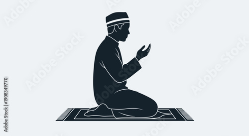 Muslim man in traditional attire praying on a prayer mat with hands raised in supplication