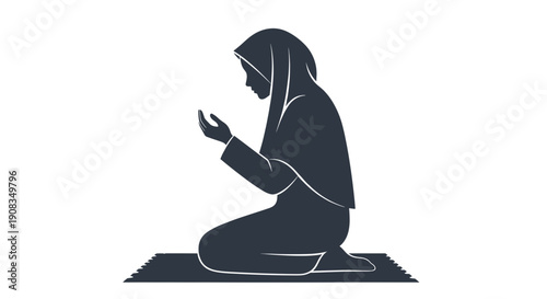 Muslim Woman Wearing Hijab Kneeling Praying on Mat in Silhouette