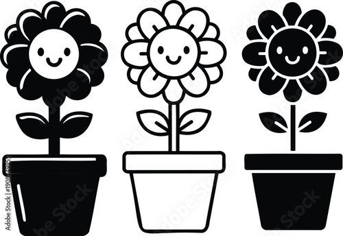 Three potted flowers with smiling faces in different styles