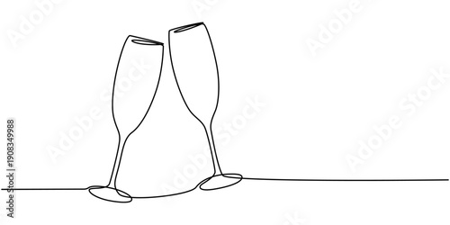 Two clinking champagne glasses continuous one line drawing. Design for party, anniversary celebration, new year festival.