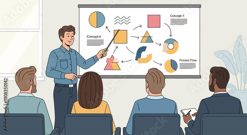 Business Trainer Presenting Strategy Flowchart to Diverse Audience in Modern Office Meeting