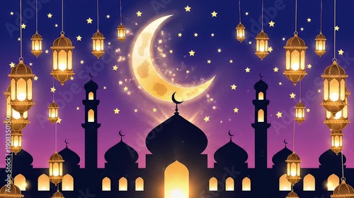 Nighttime Ramadan Mosque Scene with Crescent Moon and Lanterns.