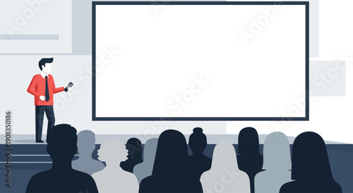 Business Speaker Presenting to Audience in Modern Conference Room with Blank Screen Copy Space