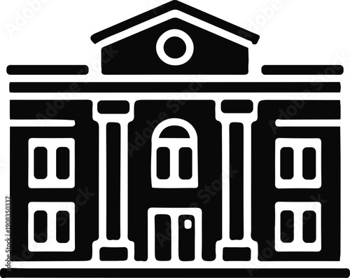 Black Courthouse Building Icon Illustration, Bold black silhouette of a classical courthouse with columns and pediment, symbolizing justice, law, government, and legal institutions.

