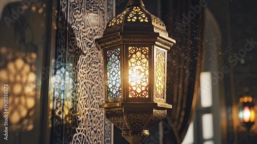 Ornate lanterns glow along a dim decorative corridor.