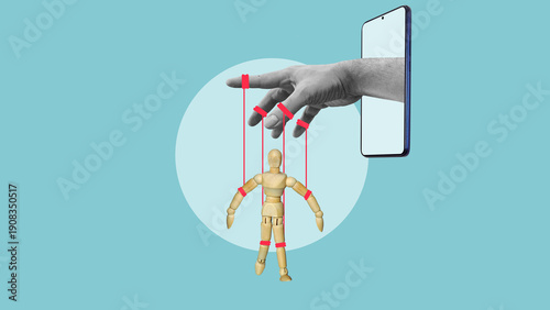 Obraz na plátně Digital Manipulation and Online Control Concept, Human Hand Controlling Wooden P