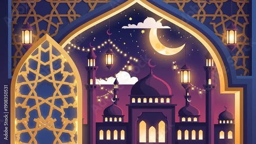 Night Scene of Crescent Moon Mosque With Lanterns.