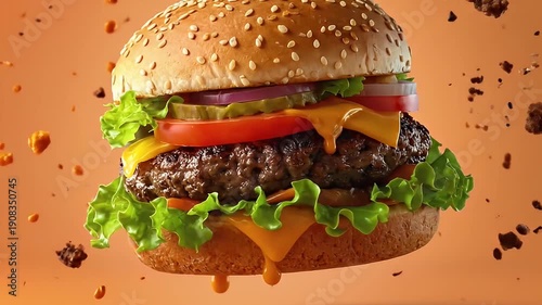 Juicy Double Cheeseburger Filmed in Motion with Fresh Lettuce.