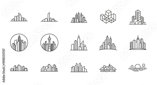 Collection of minimalist line art city skyline icons and building illustrations on a white background, featuring various urban architectural designs.