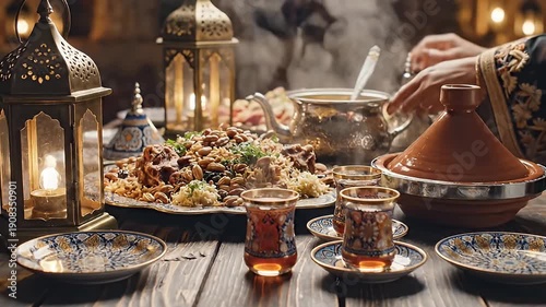 Luxurious Moroccan Feast with Tagine and Lanterns.