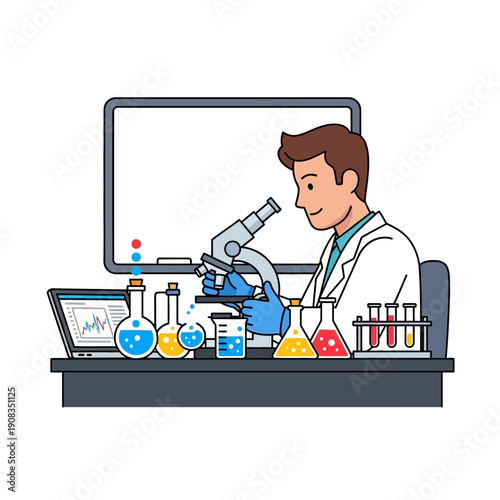 Scientist working with microscope and lab equipment, research and development concept