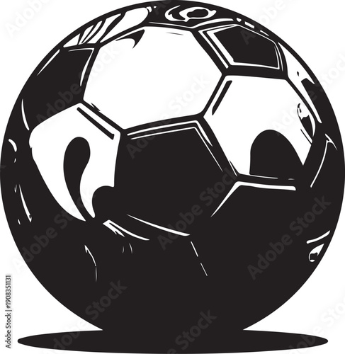 A detailed black and white illustration of a classic soccer ball.