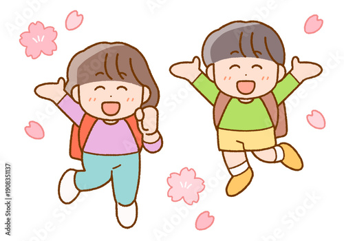 新学期に使える桜と小学生のイラスト