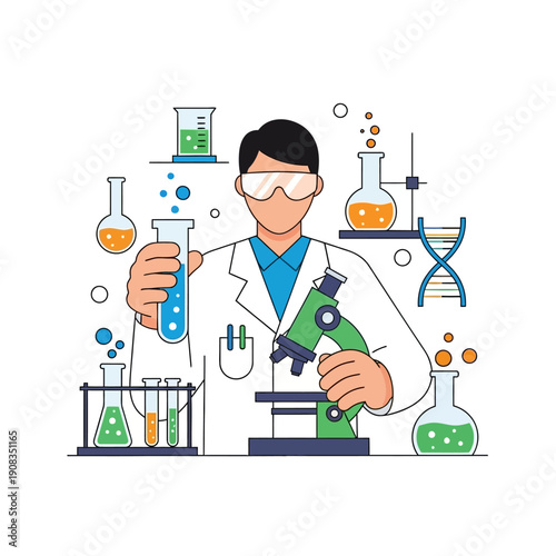 Scientist in Lab Coat with Microscope and Test Tubes, DNA Helix