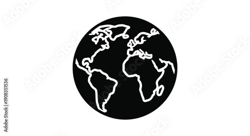 A stark black and white depiction of planet earth showcasing continental outlines within a circular frame high quality professional detailed