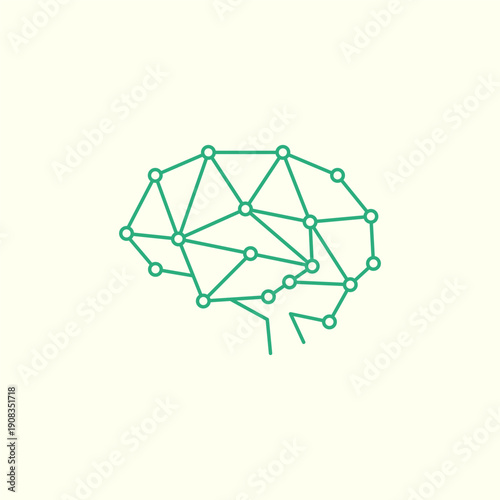 Vector illustration of a brain with the concept of neural networks and neuron connections. Abstract design with lines and dots, green color