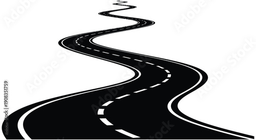 A winding black road with dashed white lane markings curves dramatically against a stark white background high quality